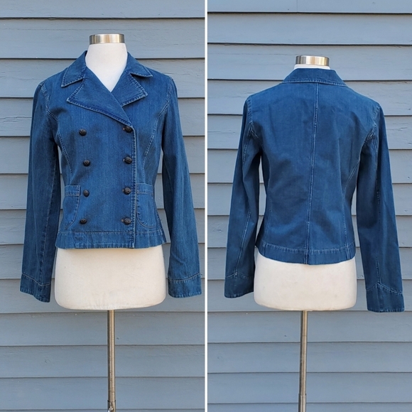 Vintage 90s y2k Ralph Lauren Double Breasted Cropped Trench Denim Peacoat Sm - Picture 4 of 4